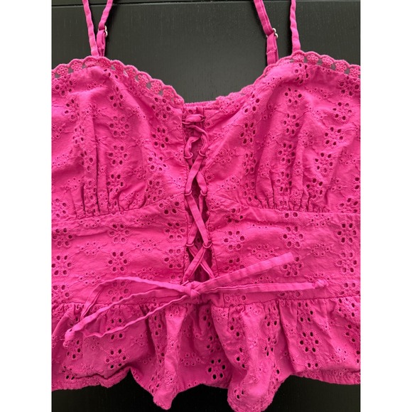 Wild Fable Lace Up Eyelet Top Womens XS Magenta Strappy Smocked Sleeveless‎ Crop - Picture 1 of 11